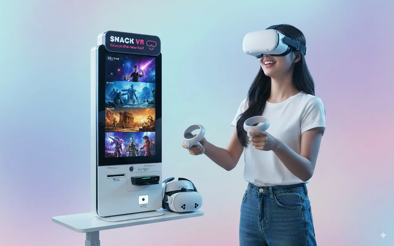 스낵VR 키오스크를 체험 중인 여성