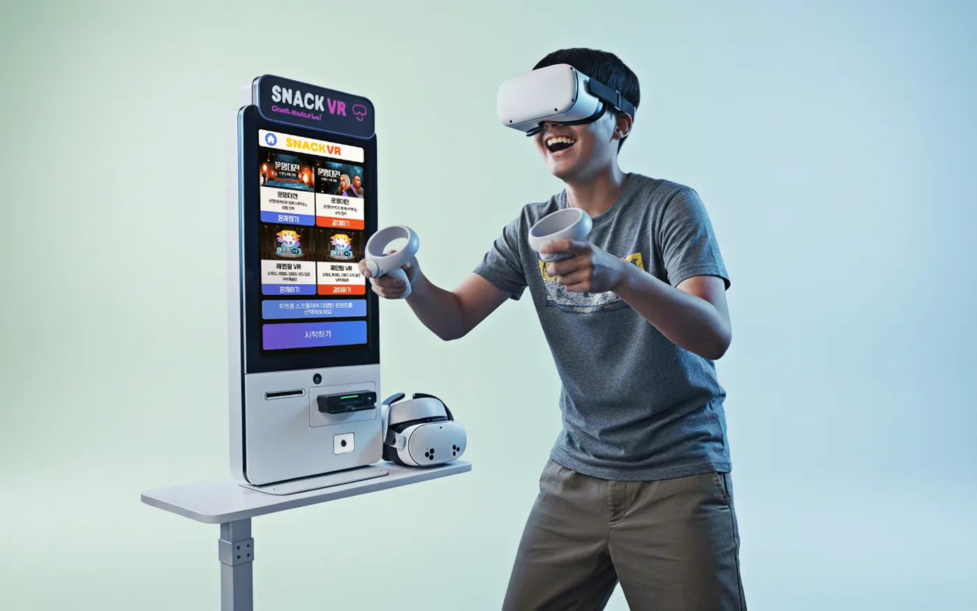 스낵VR 키오스크를 체험하는 이용자